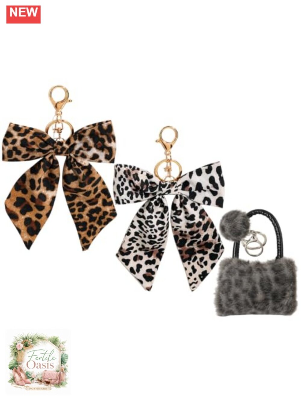 Leopard Bag Charms for Handbags Purse Accessories Bow Keychain Set